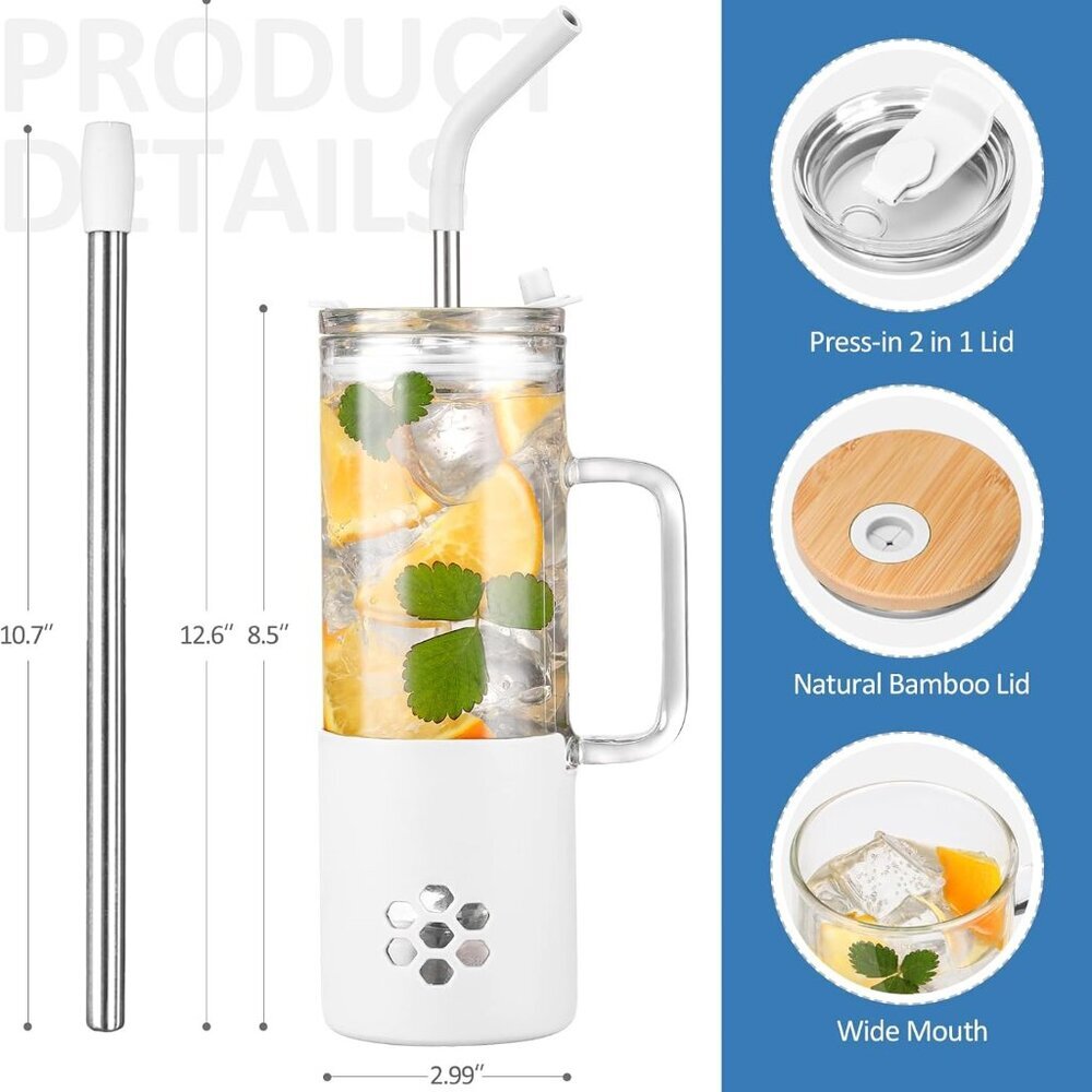 20 oz Glass Tumbler with Handle and 2 Lids - Bamboo Lid & On the Go Lid, Glass W - Picture 3 of 6